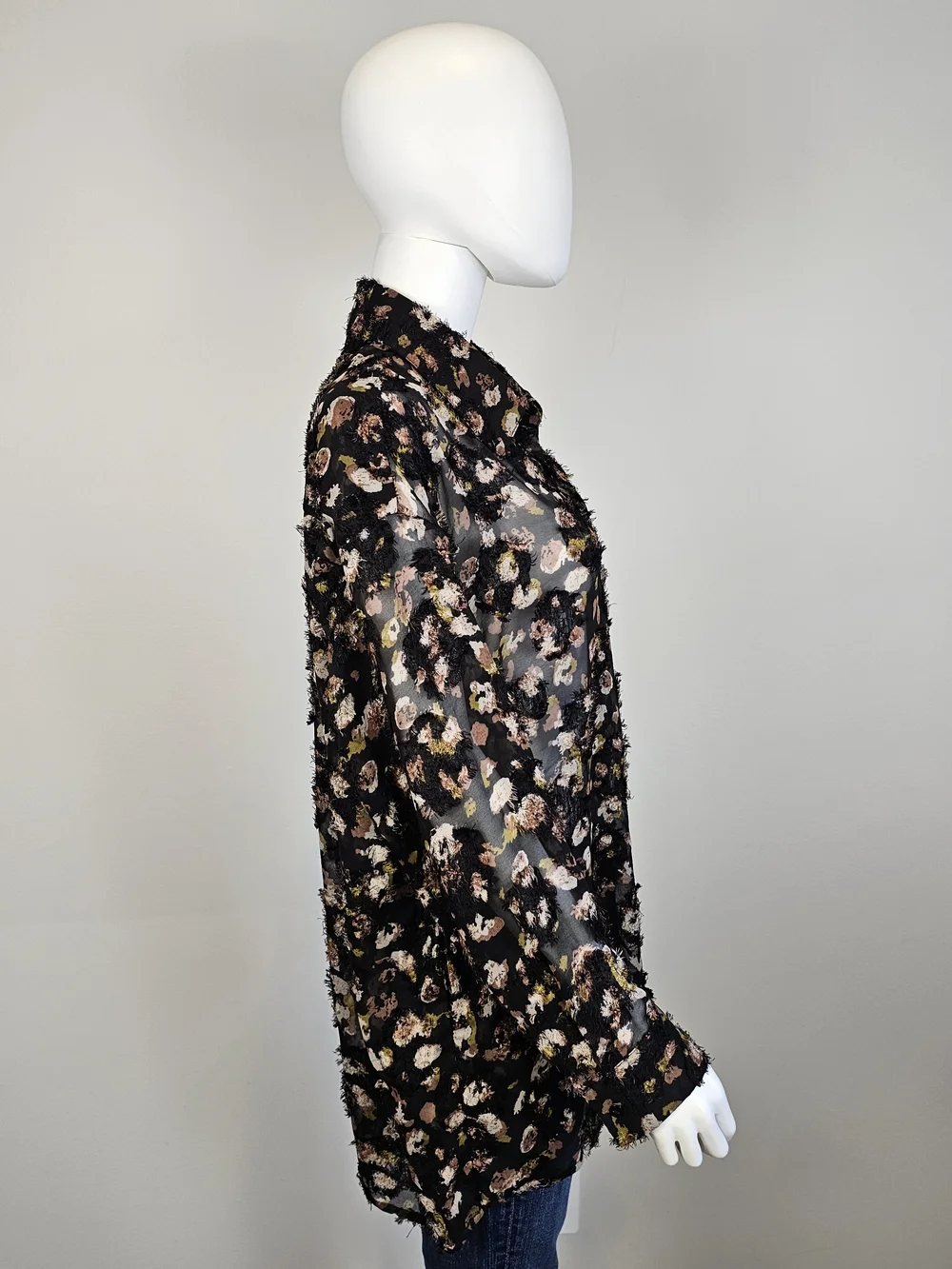 Molly Bracken Black Brown Frilly Long Sleeve Collared Button Up w/ Pockets Sz L - Picture 3 of 8